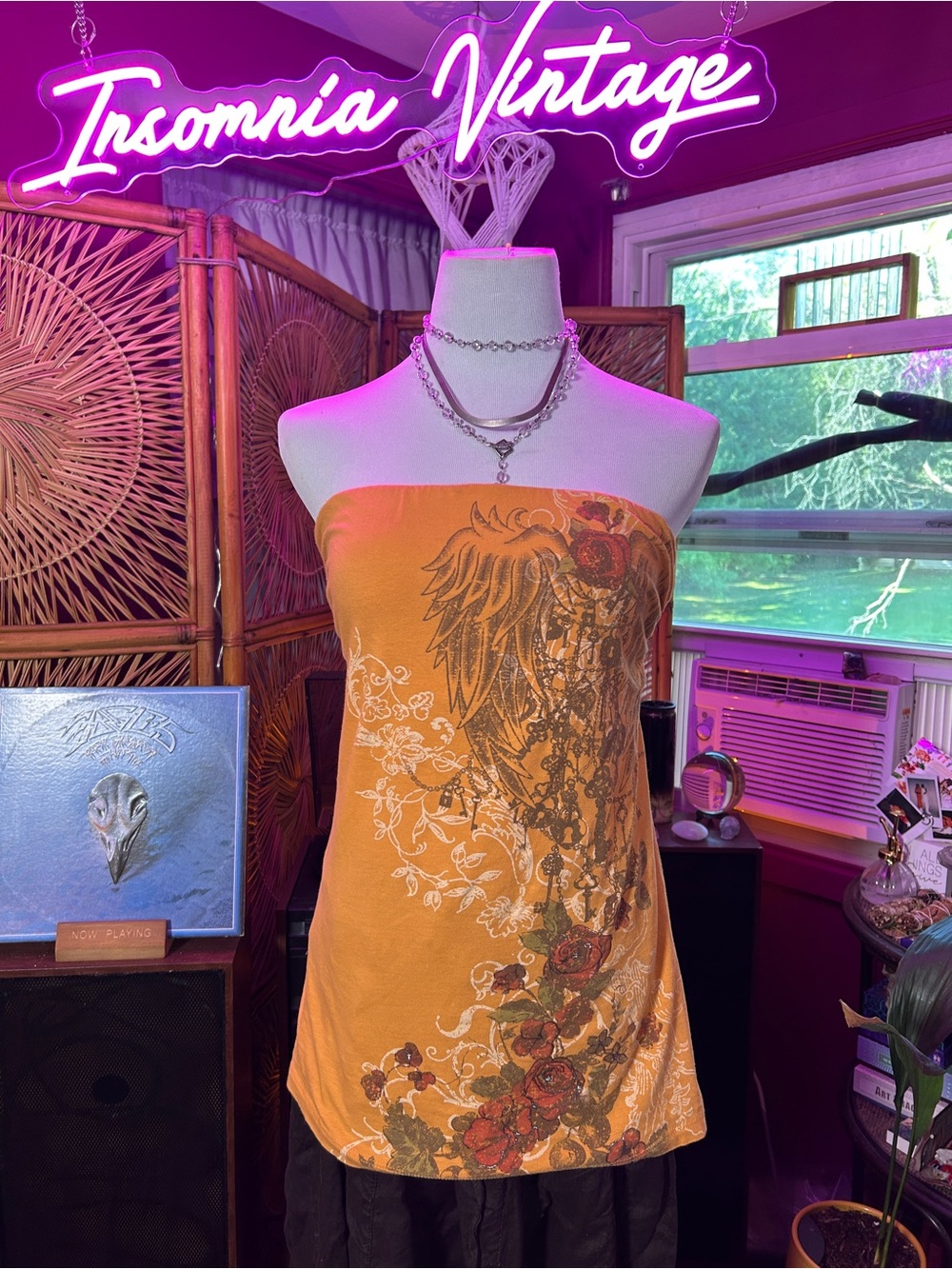 BONGO Orange Strapless Floral & Wing Graphic Tube Top